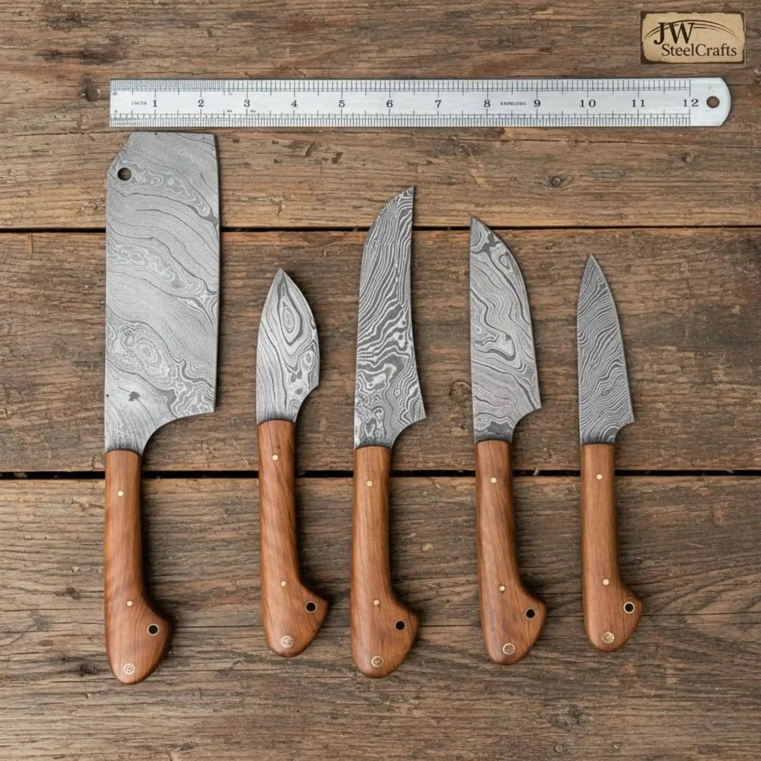Custom Hand-Forged Damascus 5-Piece Kitchen Knife Set with Olive Wood Handles