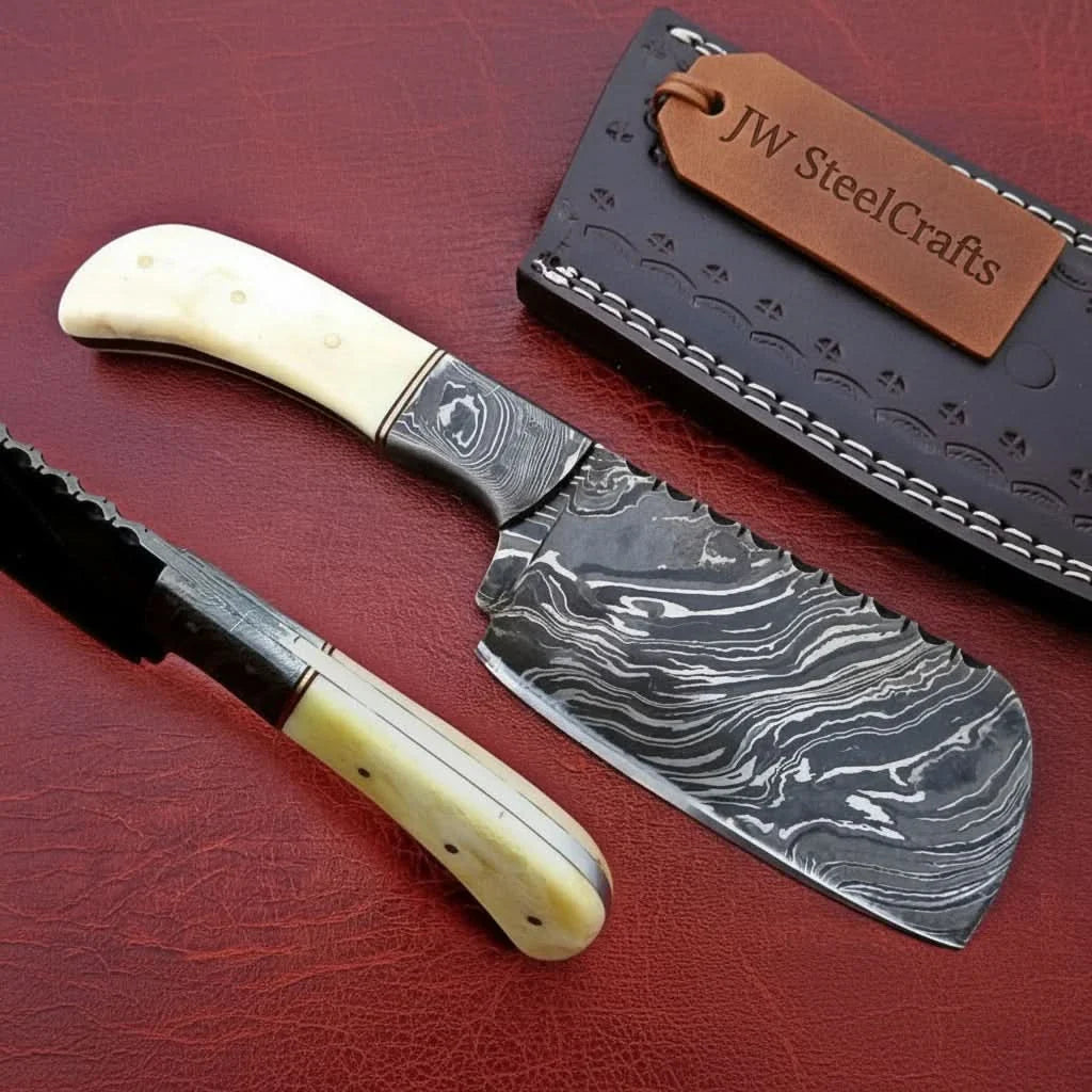 7-Inch Compact Damascus Mini Cleaver — Fire Pattern Blade, Camel Bone Handle, Steel Bolster &amp; Leather Sheath | JW Steel Crafts