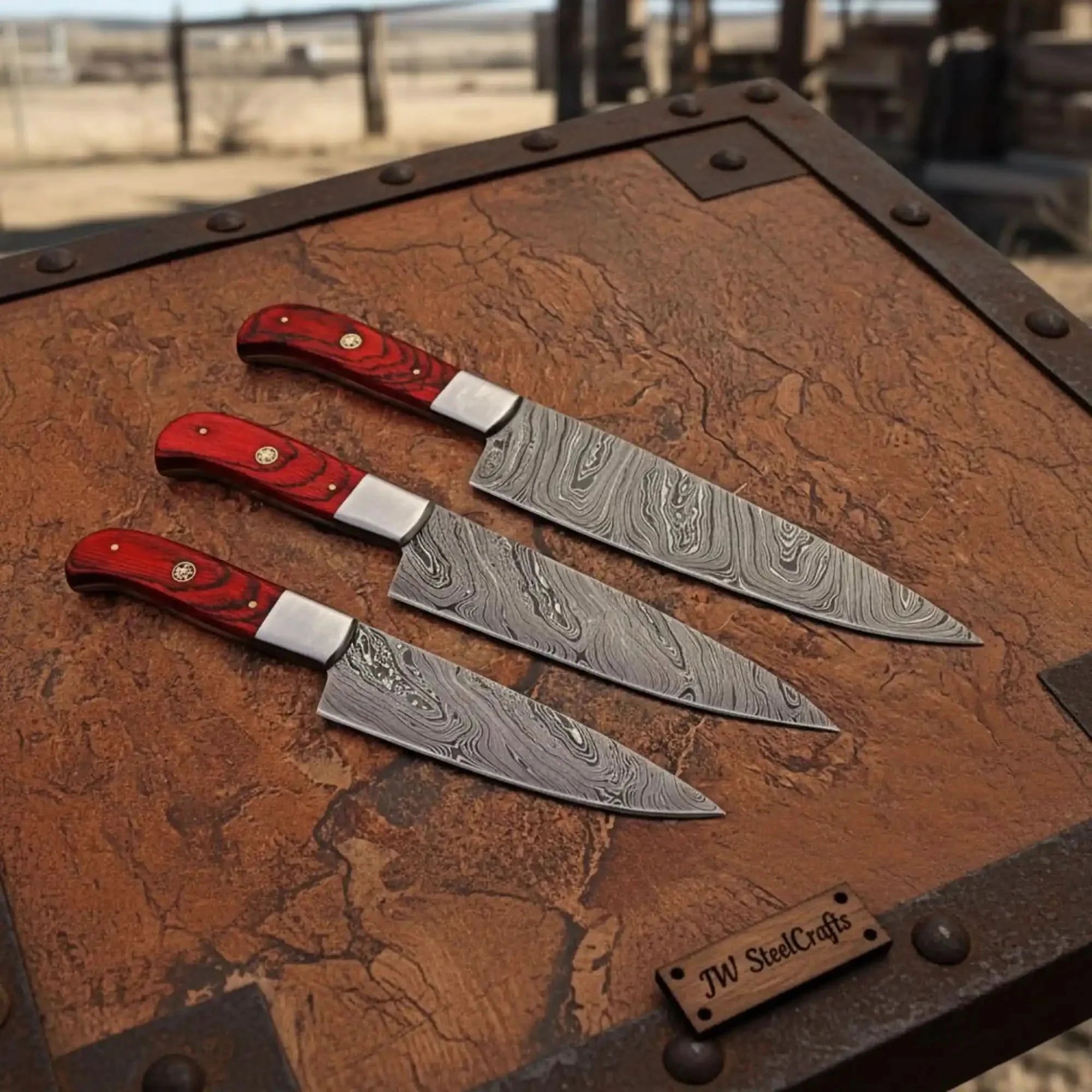 Piece Damascus Kitchen Knife Set — Kiritsuke, Chef &amp; Utility with Red Pakka Wood Handles, Steel Bolsters &amp; Mosaic Pins | JW Steel Crafts
