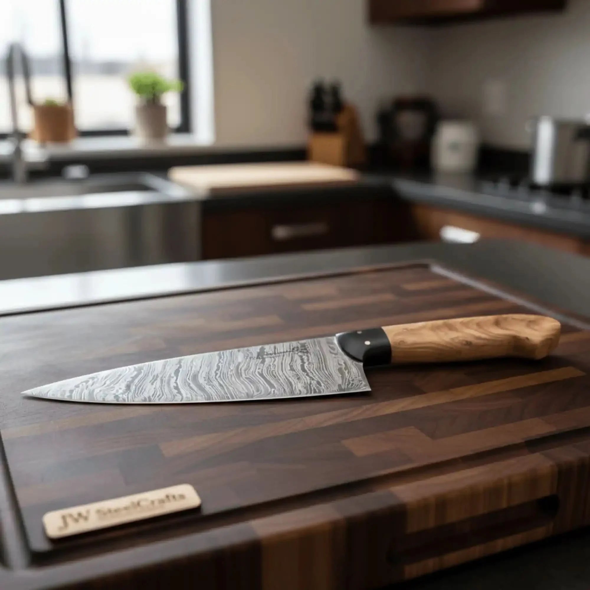 13-Inch Fire Pattern Damascus Chef Knife — Olive Wood Handle, Brass Pins &amp; Dark Bolster | JW Steel Crafts