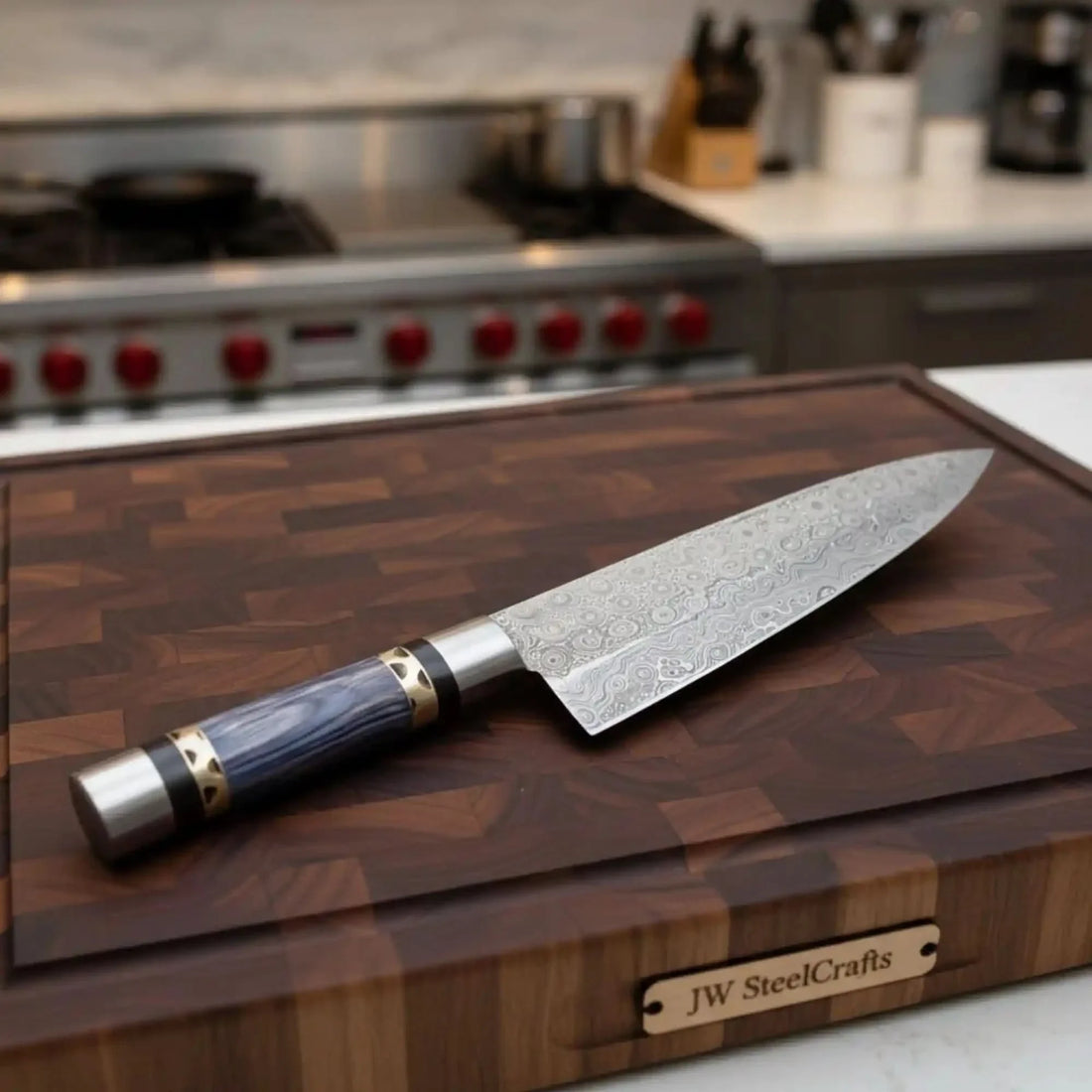11" Raindrop Damascus Chef Knife — 6" Blade, Purple Pakka Wood Handle with Brass Spacer &amp; Steel Pommel