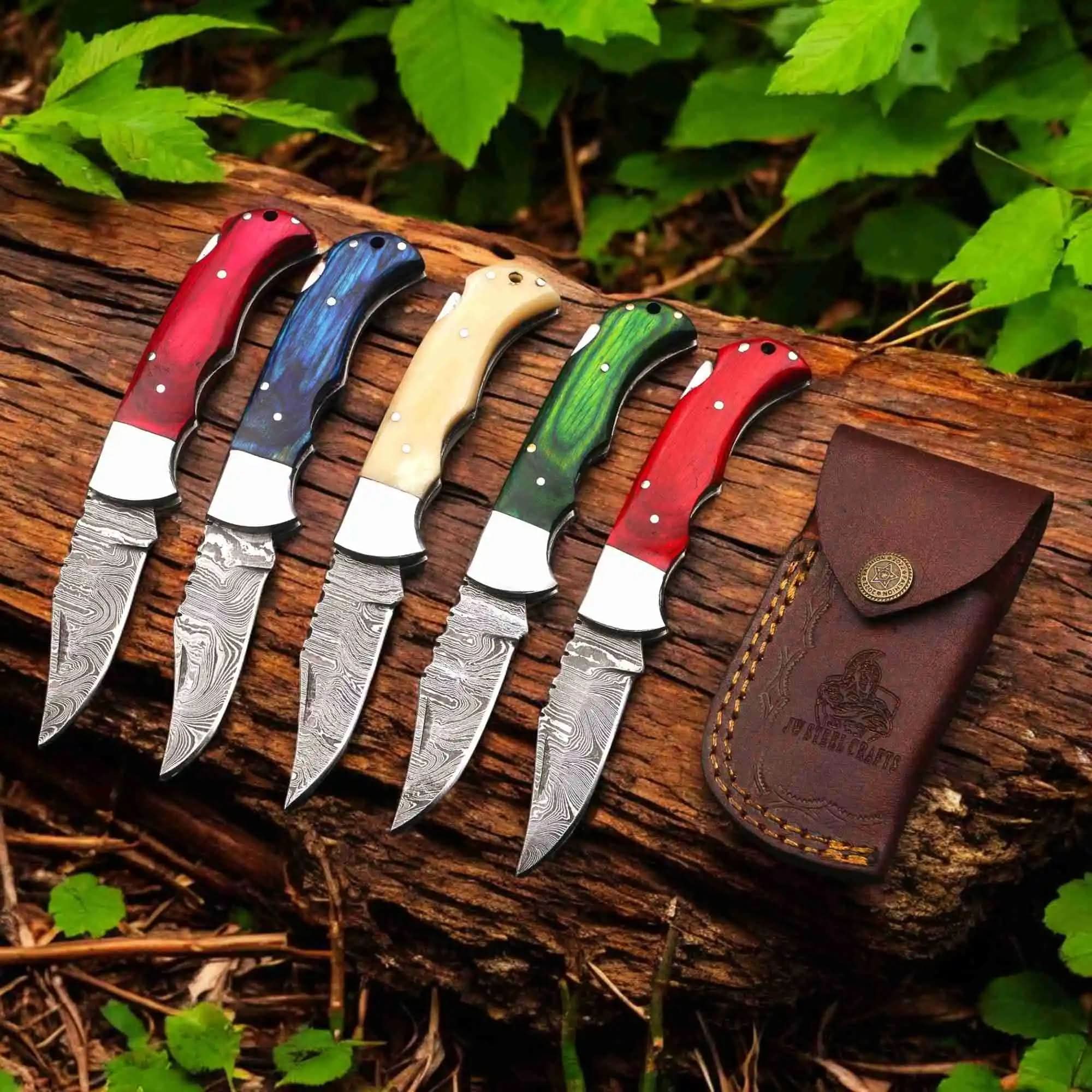 Handmade Damascus Steel Folding Knife with Camel Bone Handle &amp; 5 Handle Options