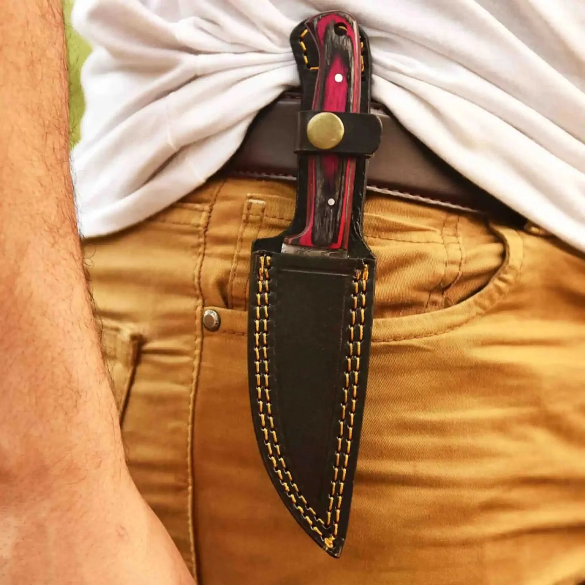 Damascus Steel Fixed Blade Knife – Pink &amp; Blue Pakka Wood Handle | JW SteelCrafts