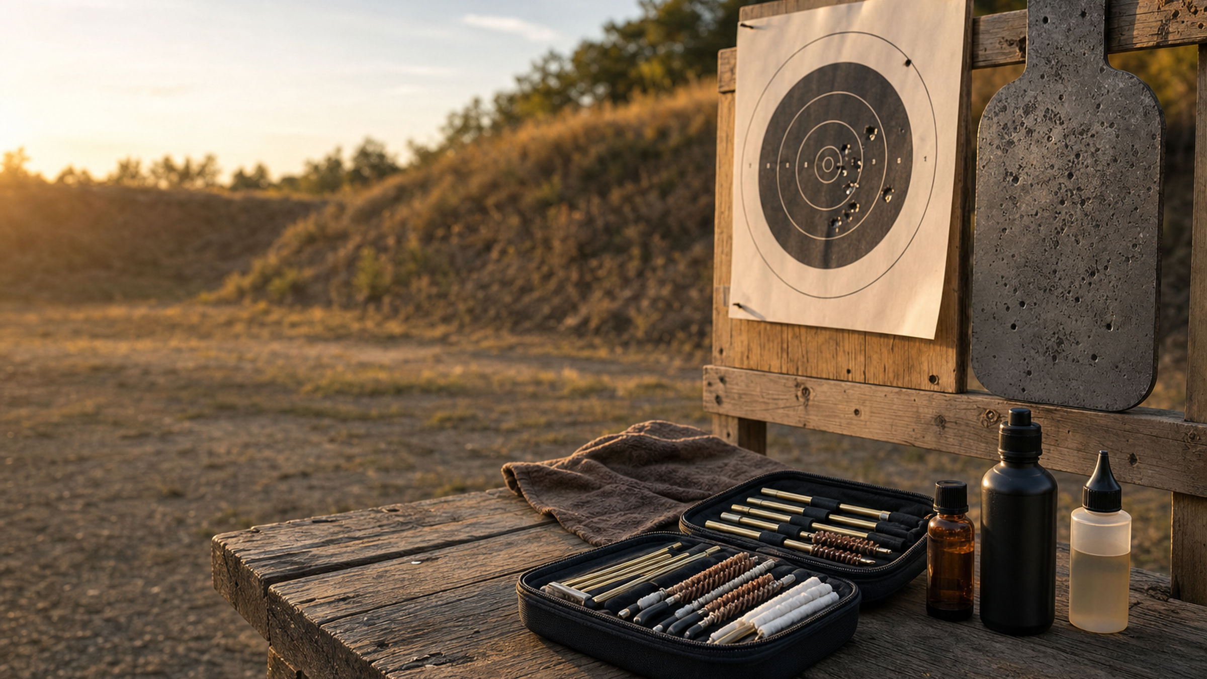 Shooting targets and gun care supplies on a range bench at golden hour