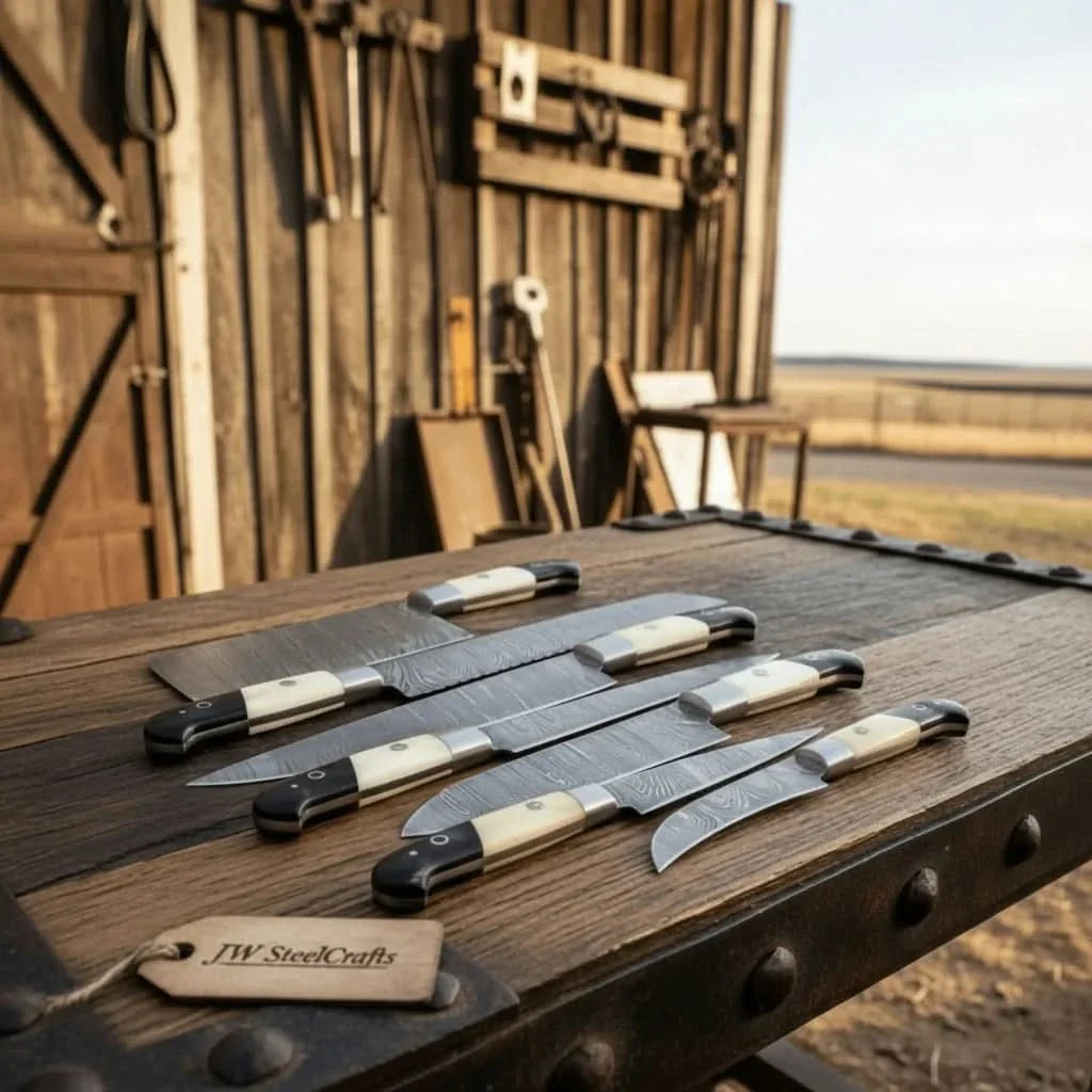 7-Piece Damascus Kitchen Knife Set — Chef, Cleaver, Bread, Santoku, Utility &amp; Paring Knives with White Bone and Black Resin Handles