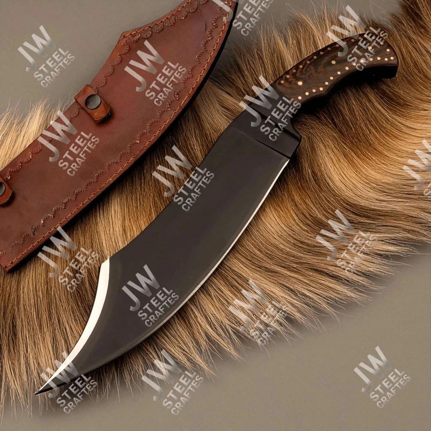 Hand Forged High Carbon Steel Persian-Style Bowie Knife with Upswept Trailing Point Blade and Pakka Wood Handle