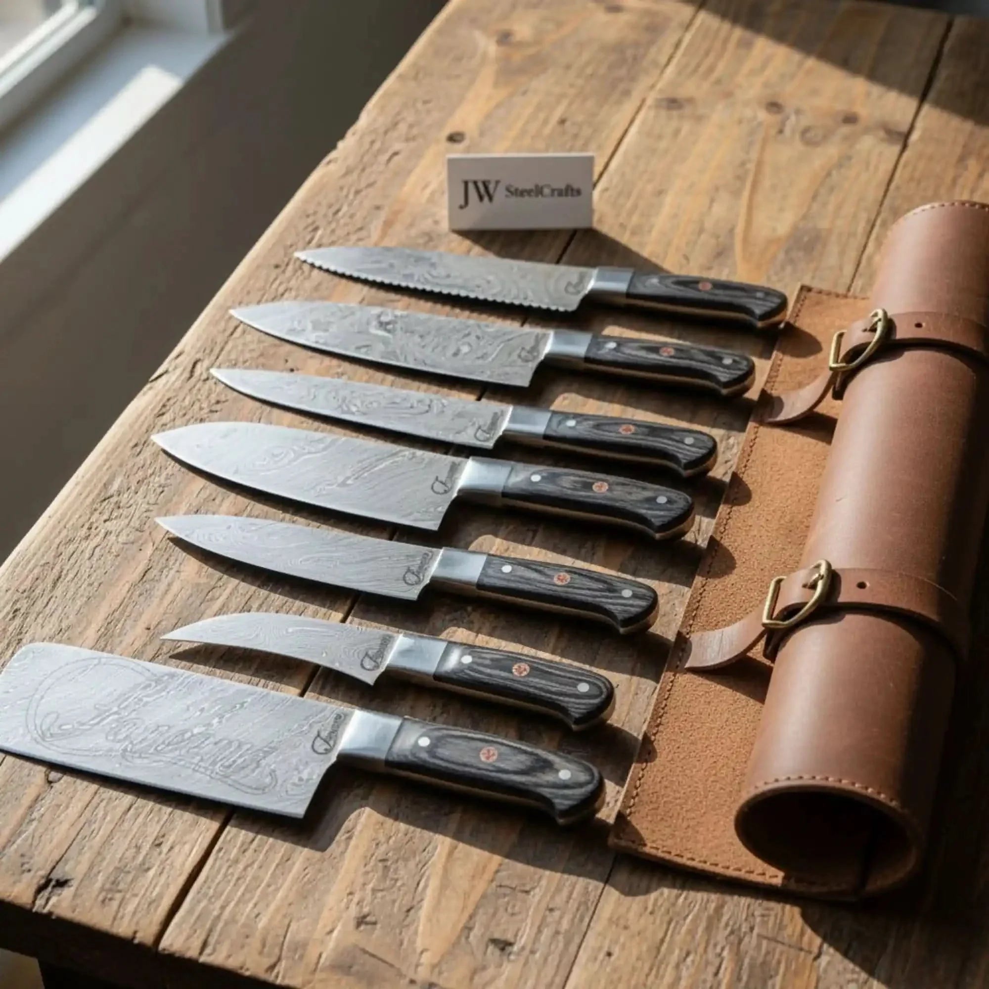 Hammer Forged 7-Piece Damascus Chef Knife Set with Black Pakkawood Handles &amp; Leather Carry Roll