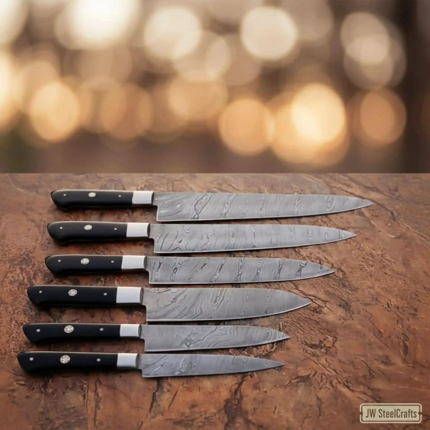 Hammer-Forged Damascus 7-Piece Carving &amp; Slicer Knife Set — with Black Resin Handles