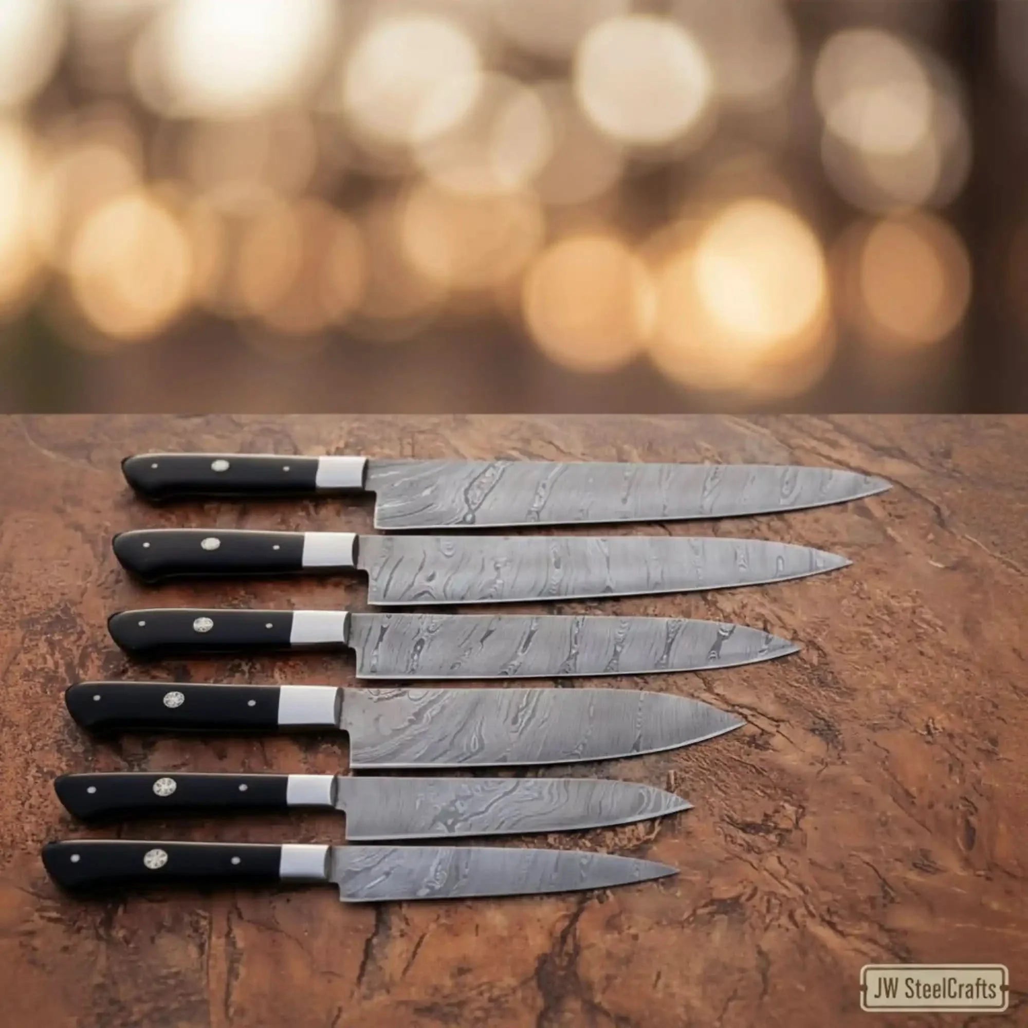 Hammer-Forged Damascus 7-Piece Carving &amp; Slicer Knife Set — with Black Resin Handles