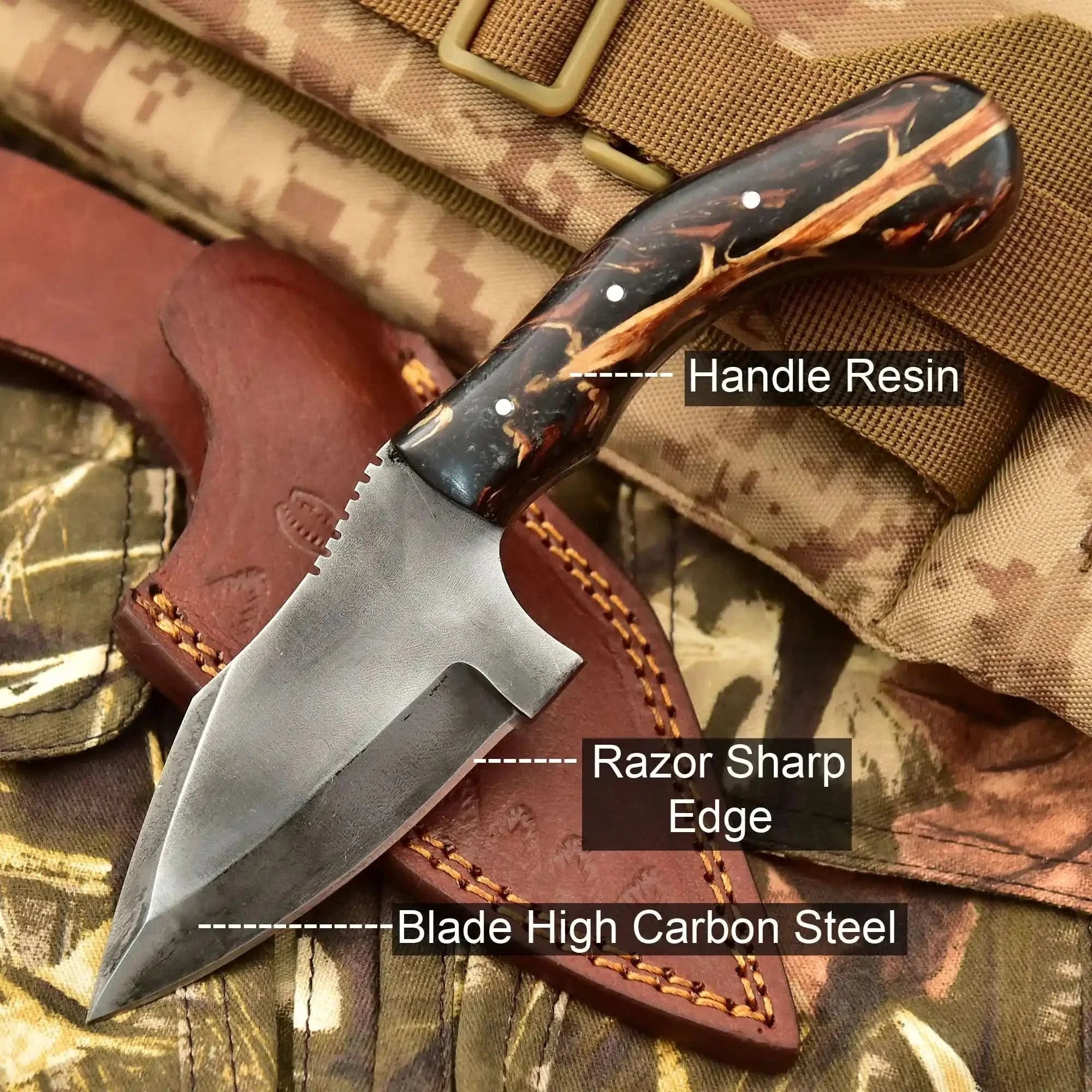 Acid Washed Stainless Steel Hunting Knife – Pinecone Handle | Outdoor &amp; Camping Knife