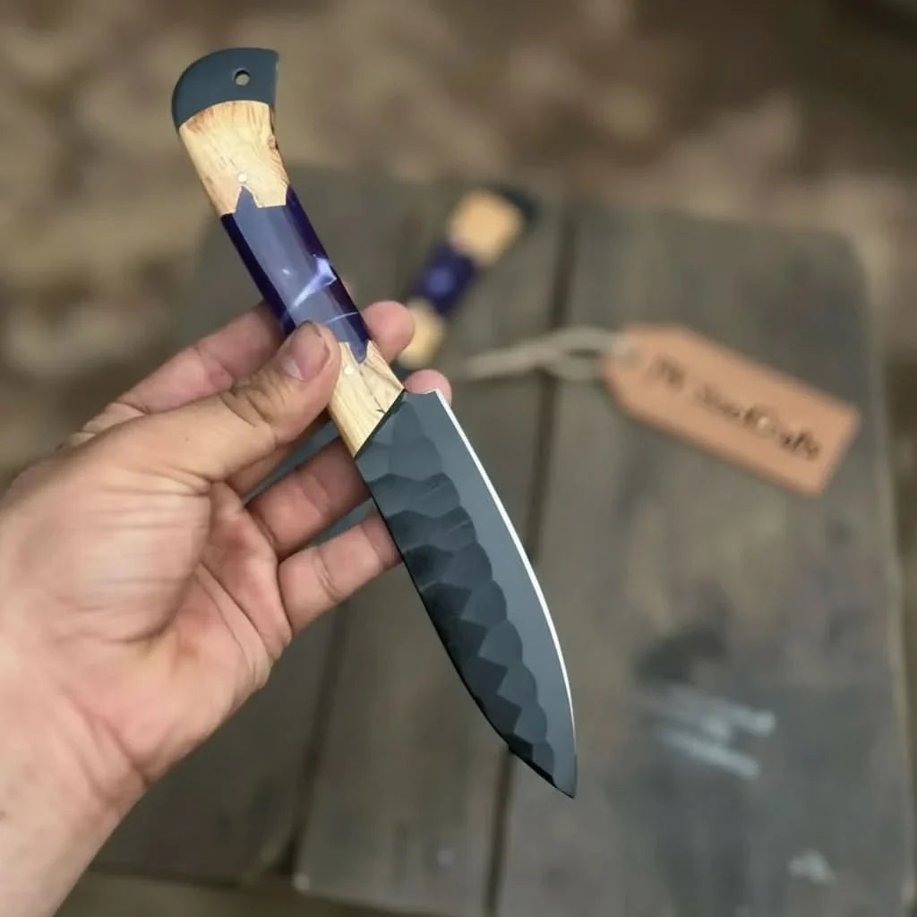 5-Piece Hand-Forged Chef Knives Set – Black Blades, Purple Resin &amp; Olive Wood Handles