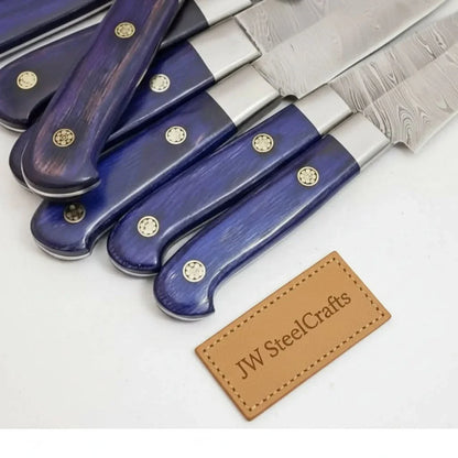 Purple Wood Handle Damascus Kitchen Knife Set | Professional Cooking Knives by JW SteelCrafts