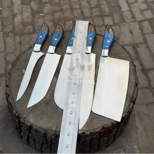 5-Pc Handmade Chef Knives — Blue Pakka Wood Handles, Stainless Blades (Cleaver + Prep Set)