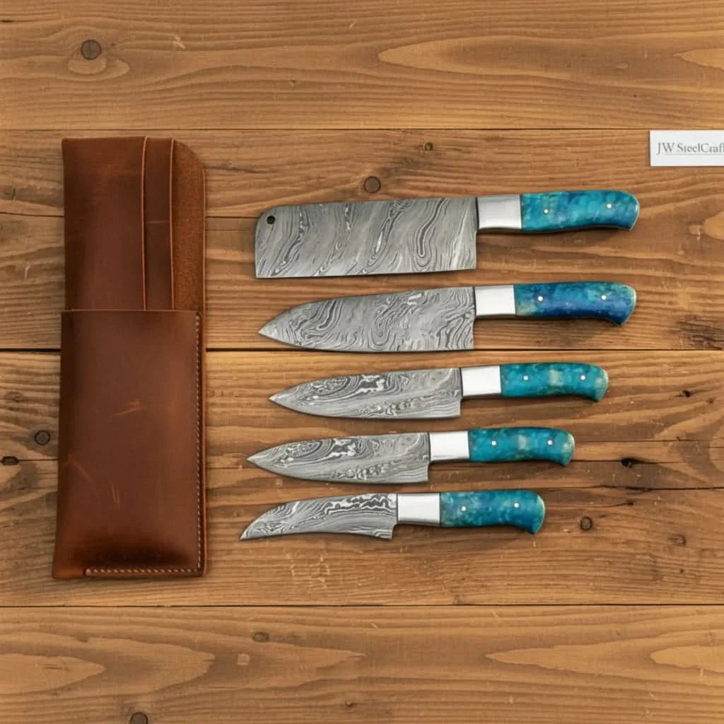 5-Piece Damascus Kitchen Prep Knife Set with Blue Resin Handles, Steel Bolsters &amp; Leather Storage Kit