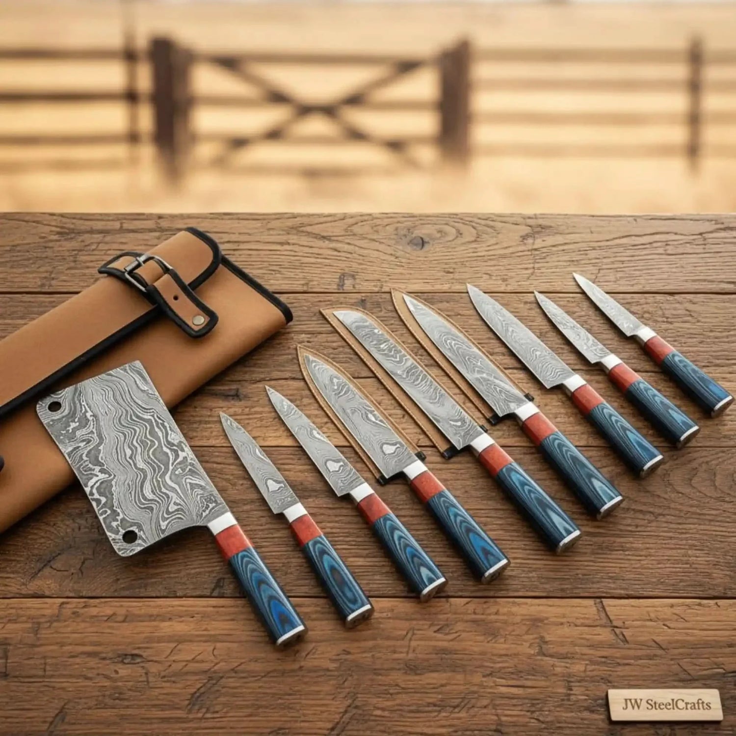 9-Piece Damascus Kitchen Knife Set with Meat Cleaver — Blue &amp; Red Pakka Wood Handles, Steel Bolsters &amp; Leather Roll | JW Steel Crafts