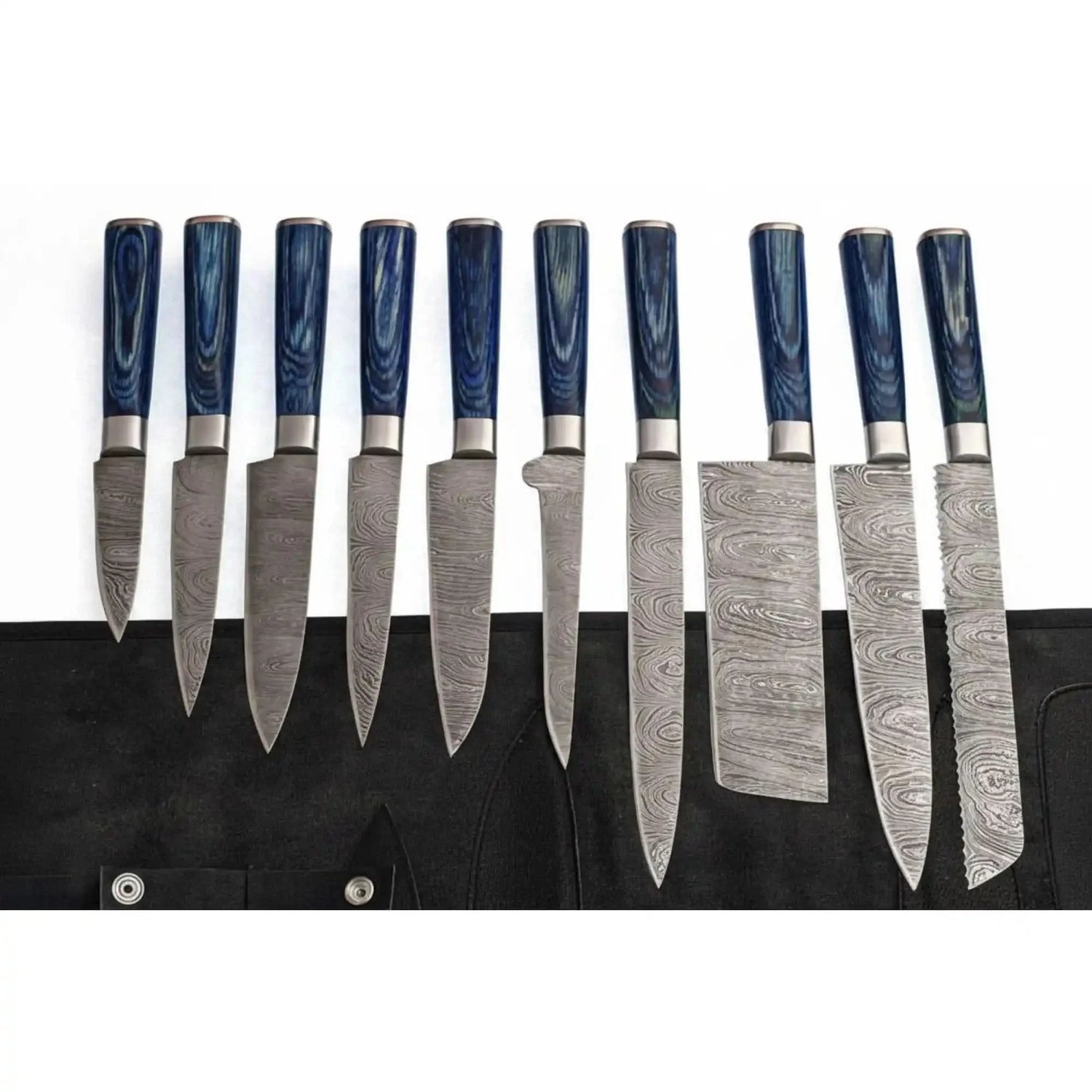 10-Piece Handmade Damascus Kitchen Knife Set – Blue Pakkawood Handles | Chef, Santoku, Cleaver, Bread, Slicing, Boning, Utility &amp; Paring
