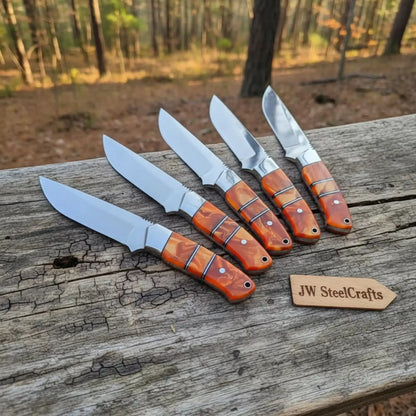 Handmade Artisan Scandi Bushcraft Knife of Set 5-Piece with Scandi Grind &amp; Orange Resin Handles