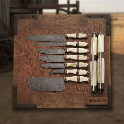 7-Piece Handmade Damascus Kitchen Knife Set with Bone Handle and Leather Roll