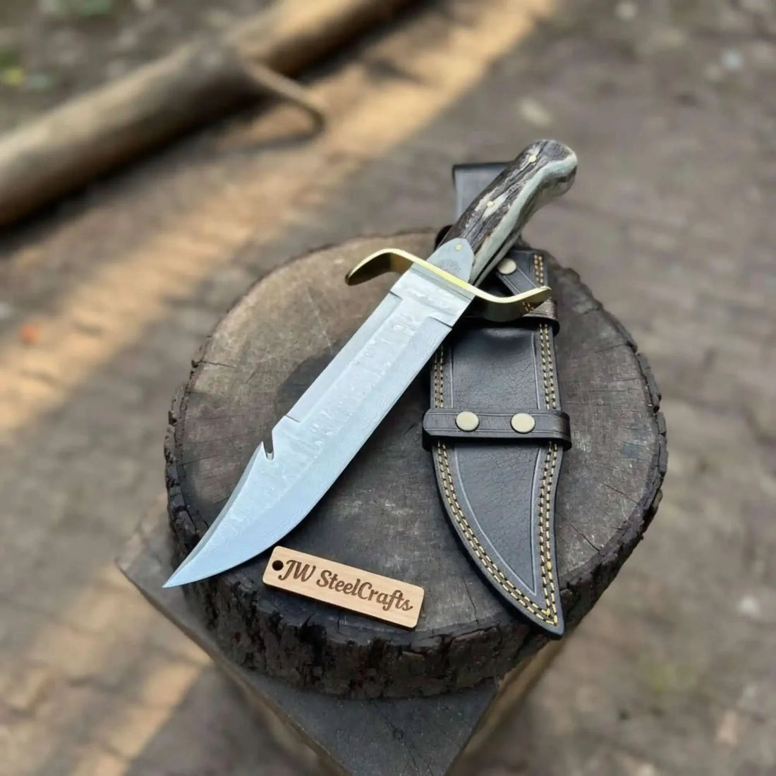 Hand Forged Damascus Bowie Knife with Stag Handle &amp; Belt Sheath