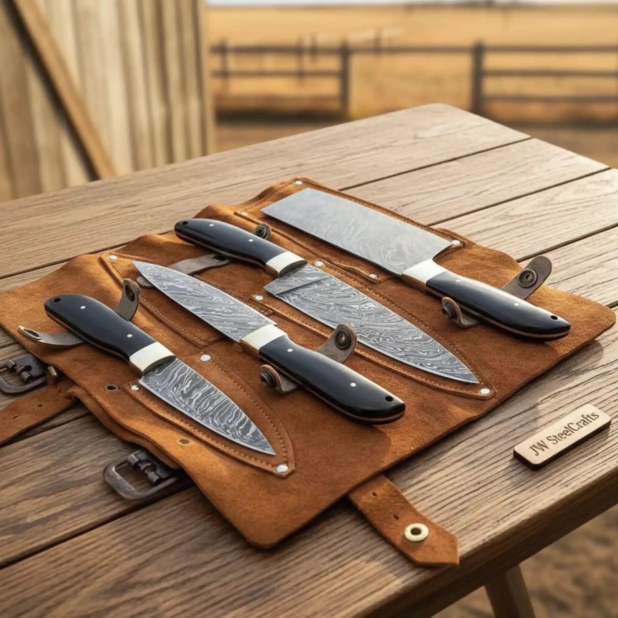 4-Piece Damascus Kitchen Knife Set — Bread, Chef, Utility &amp; Paring with Black Resin Handles, Brass Bolsters &amp; Leather Roll