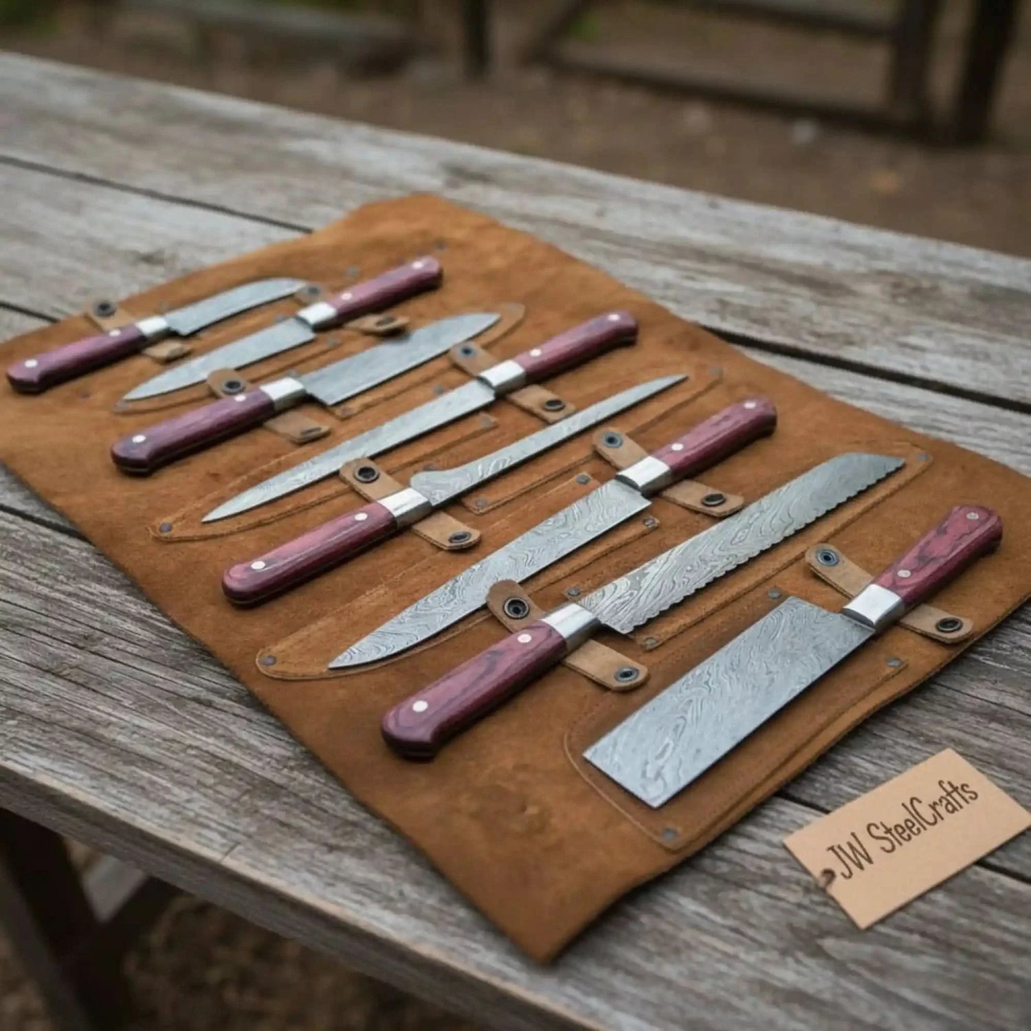 Premium 7-Piece Damascus Kitchen Knife Set, Red Pakka Wood Handle &amp; Leather Roll Included
