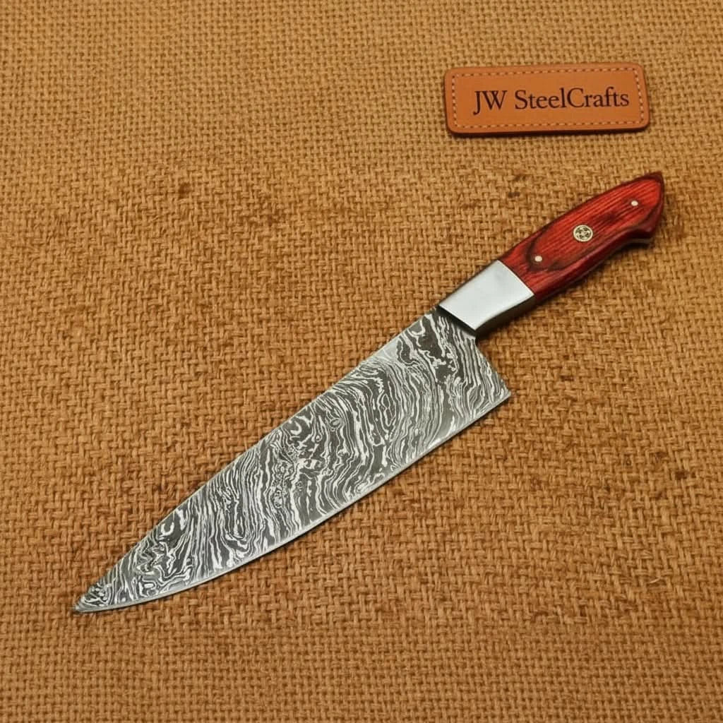 12" Professional Damascus Gyuto Chef Knife — 7" Blade, Red Pakka Wood Handle &amp; Polished Bolster | JW SteelCrafts