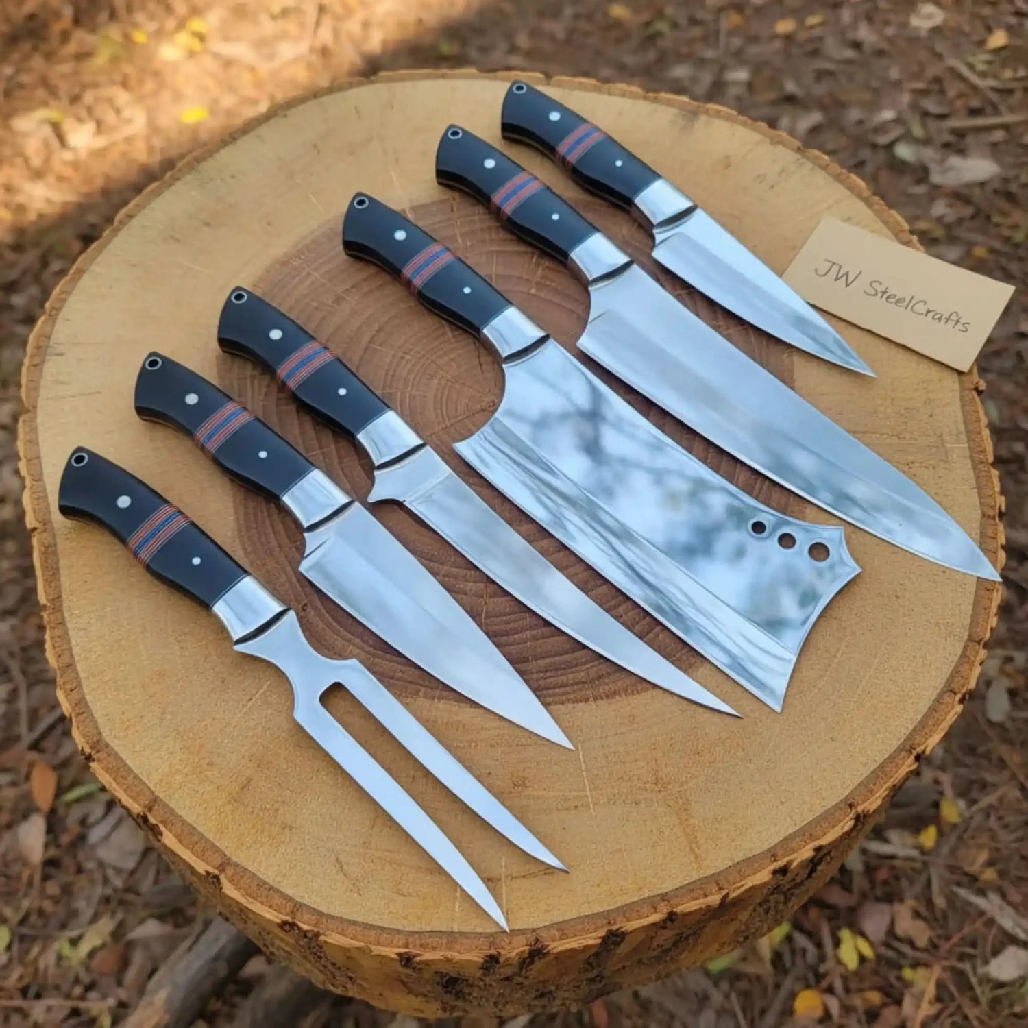 6-Piece J2 Steel Kitchen Knife Set — Chef, Cleaver, Santoku, Utility, Paring &amp; Carving Fork with Black Resin Rosewood Handles