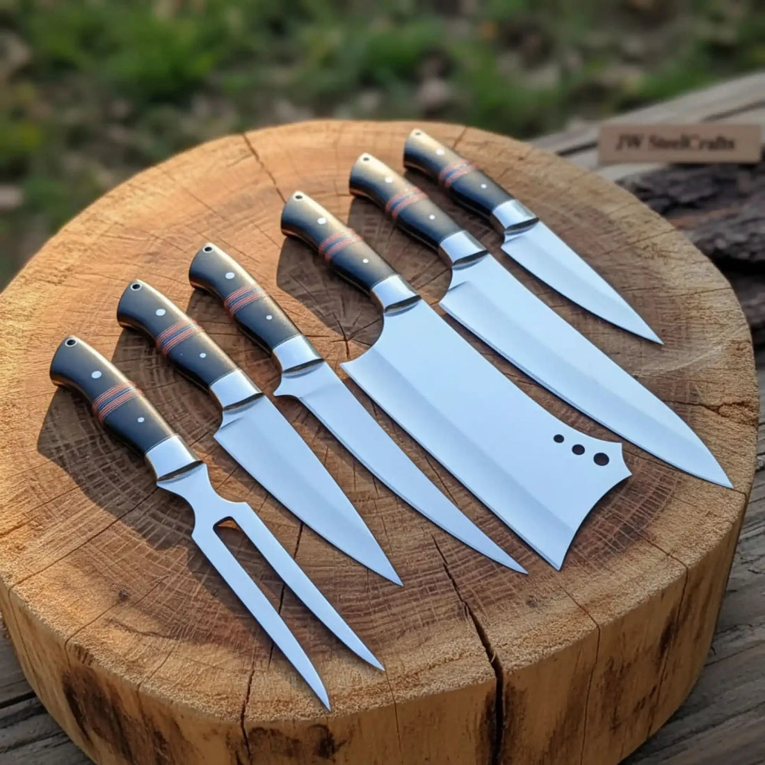 6-Piece J2 Steel Kitchen Knife Set — Chef, Cleaver, Santoku, Utility, Paring &amp; Carving Fork with Black Resin Rosewood Handles