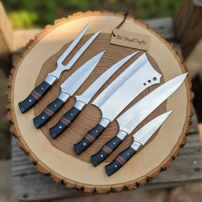 6-Piece J2 Steel Kitchen Knife Set — Chef, Cleaver, Santoku, Utility, Paring &amp; Carving Fork with Black Resin Rosewood Handles