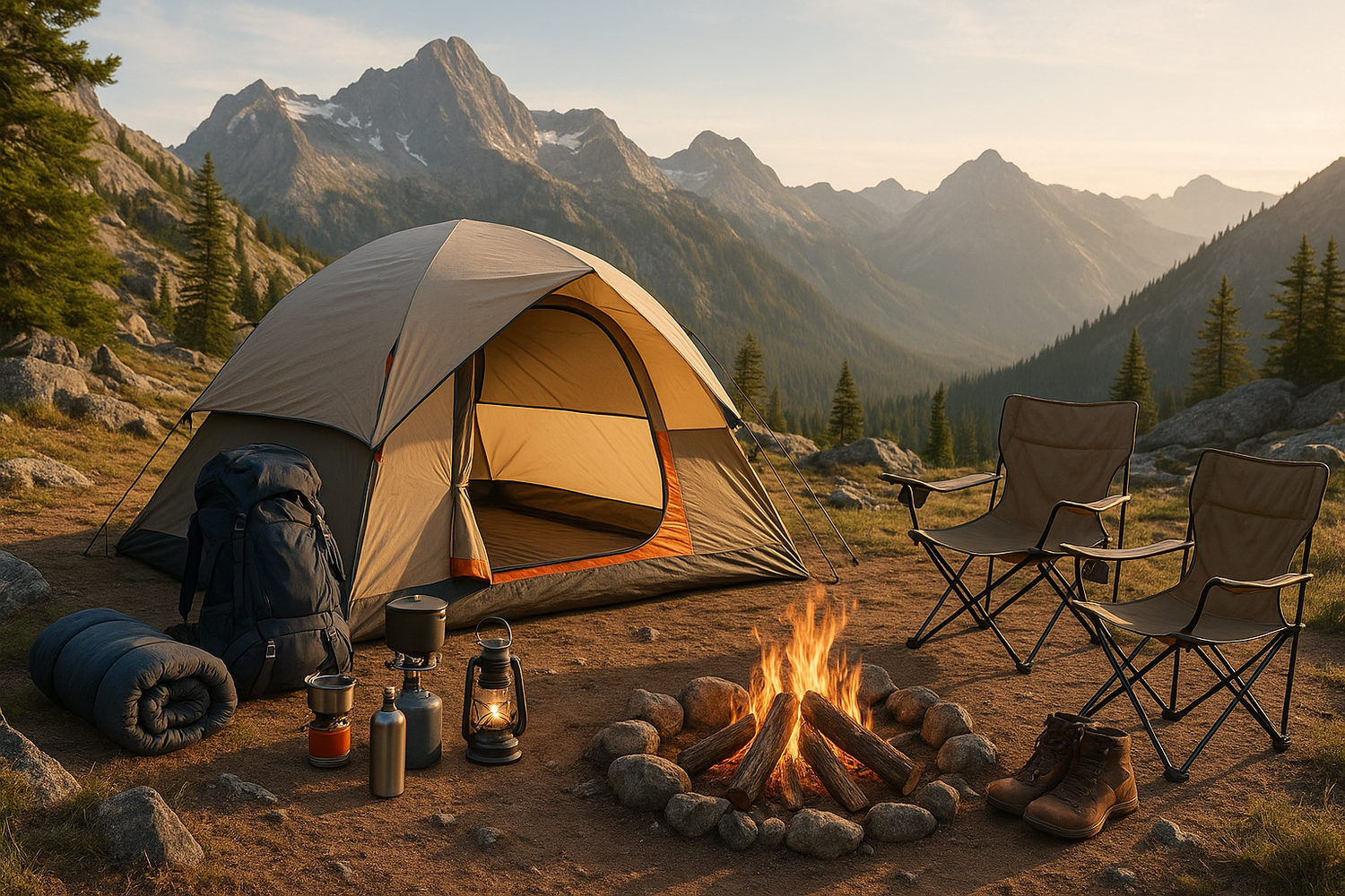 Camping tent on the mountain, and camping necessaries aroun