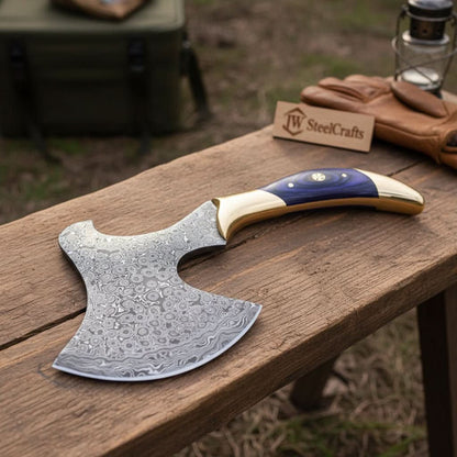 Damascus Steel Bushcraft Axe with Hardwood Handle &amp; Leather Sheath