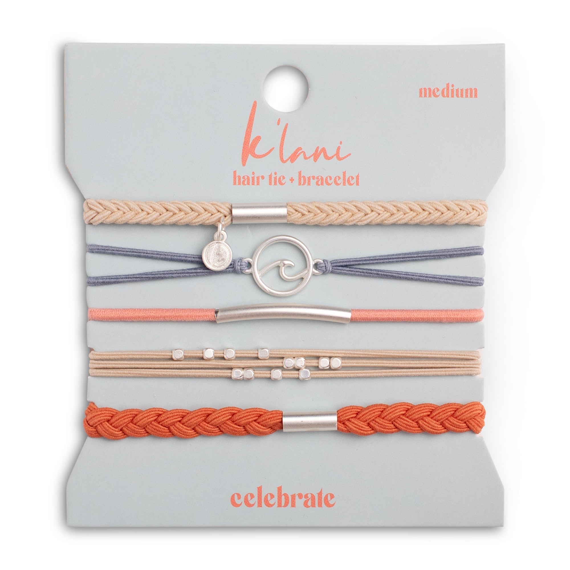 "Celebrate" Blues &amp; Corals With Silver Wave Charm Hair Tie Bracelets