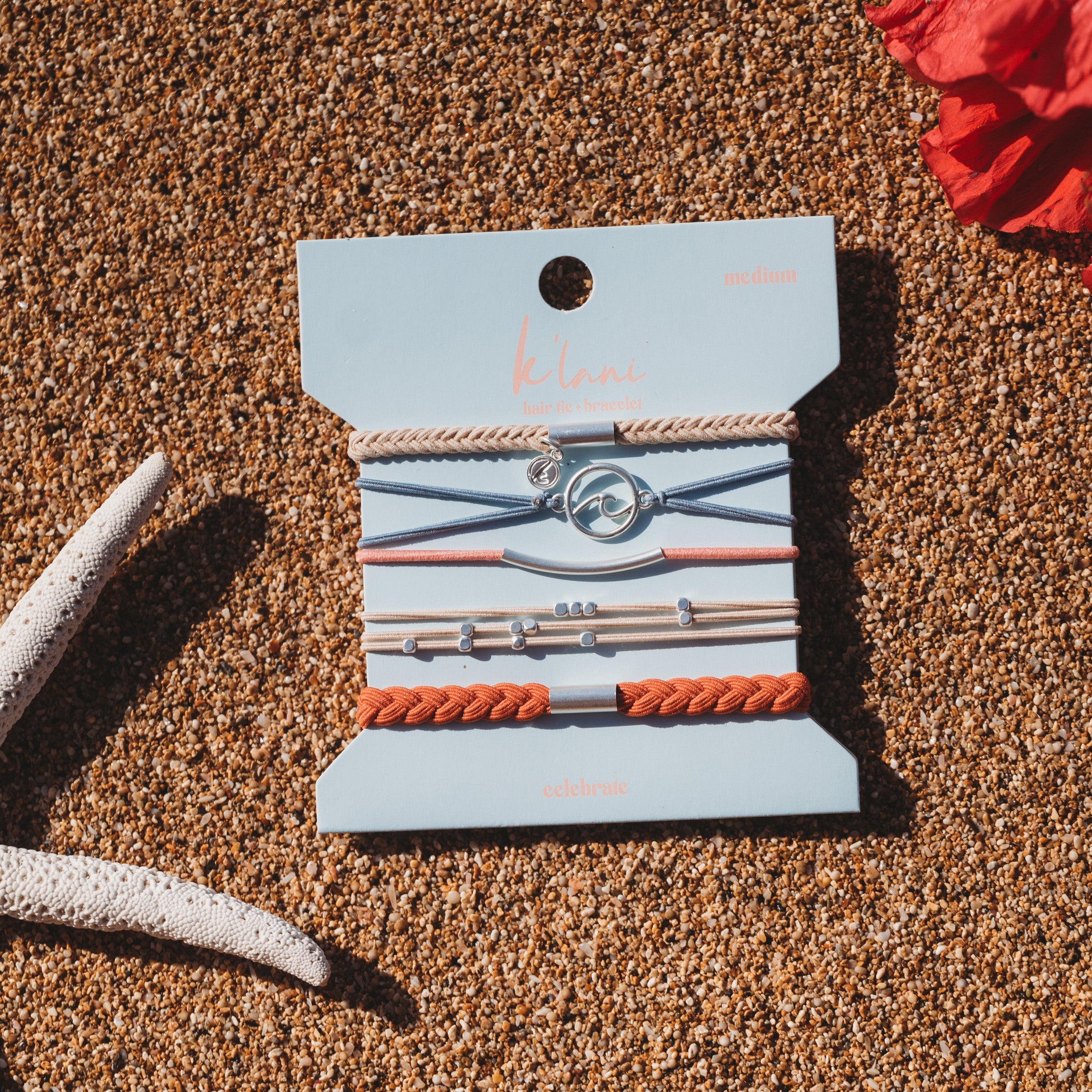 "Celebrate" Blues &amp; Corals With Silver Wave Charm Hair Tie Bracelets