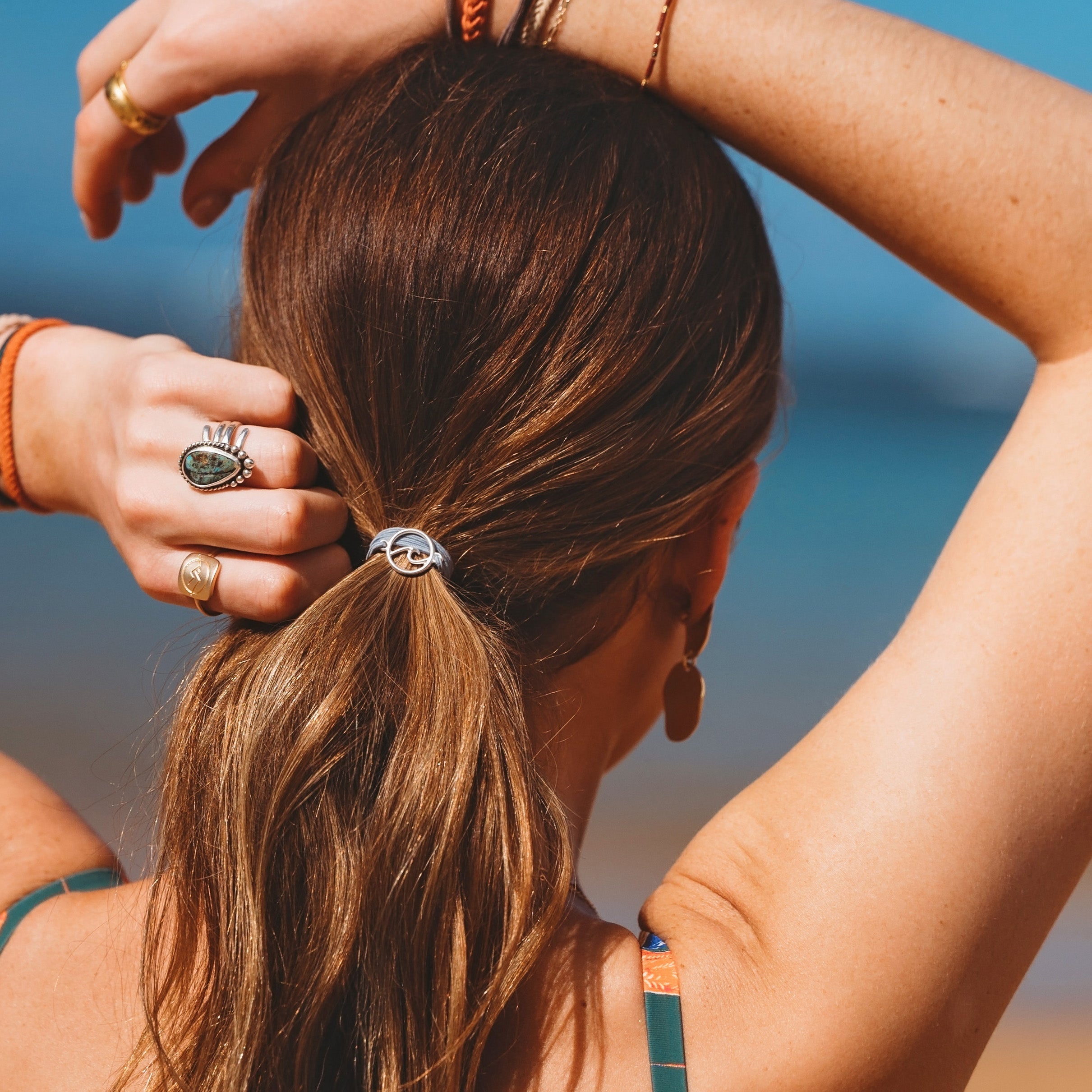 "Celebrate" Blues &amp; Corals With Silver Wave Charm Hair Tie Bracelets
