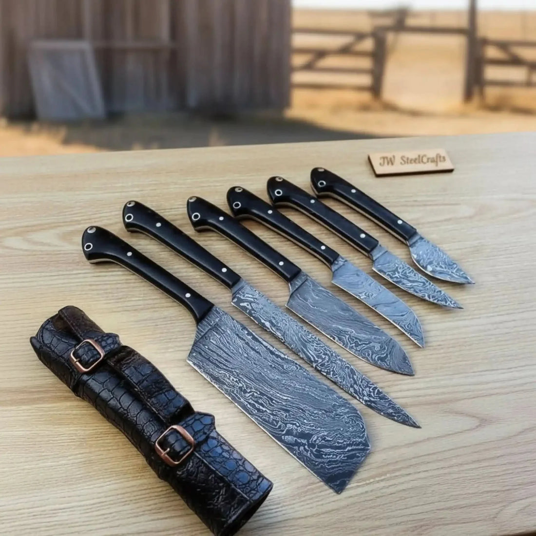 JW SteelCrafts Fire-Pattern Damascus Full-Tang Butcher Cleaver &amp; Precision Kitchen Knife Set
