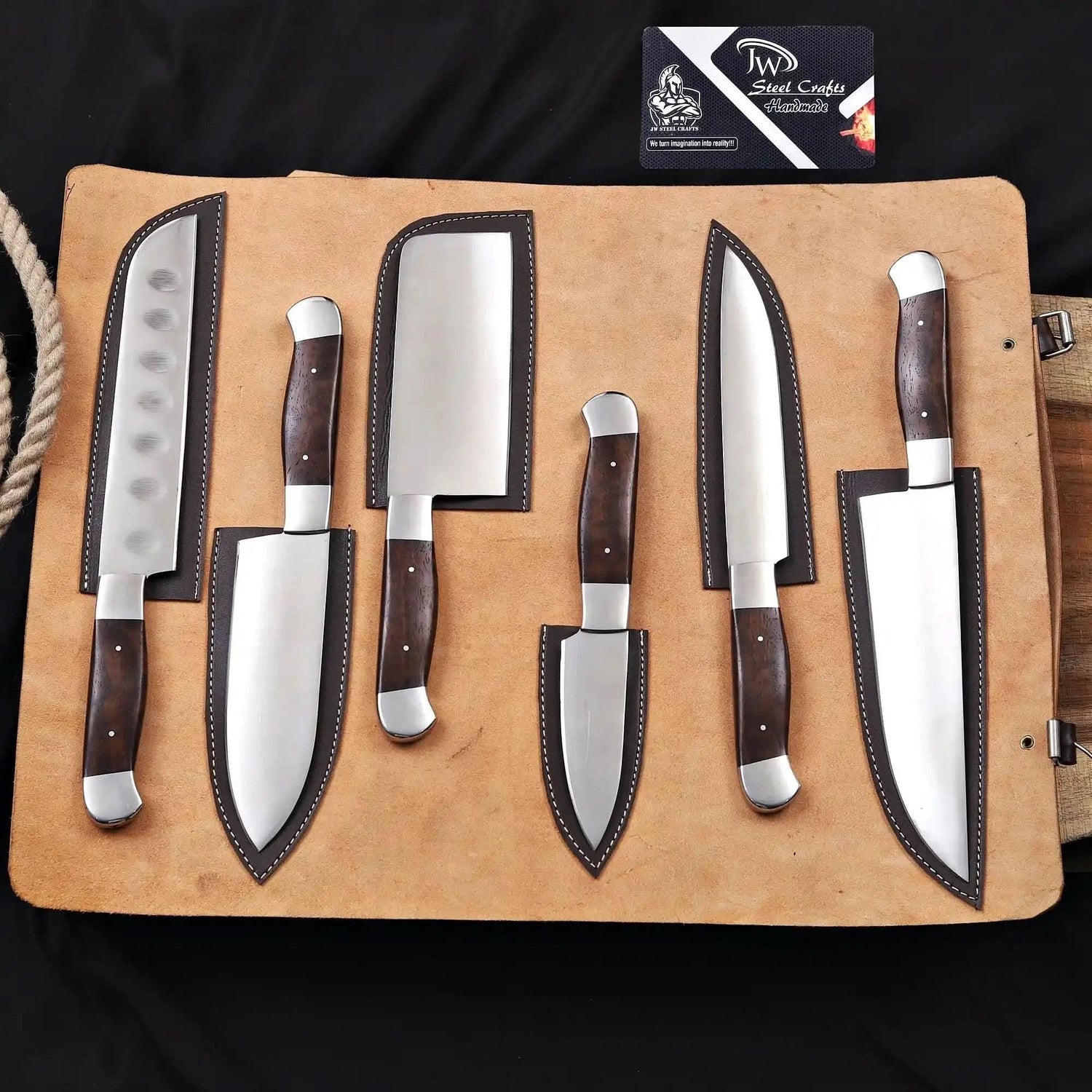 Handmade 6 Piece Chef Knife Set with Leather Roll – Full Tang Kitchen Knives Set with Cleaver, Chef, Santoku, Utility &amp; Paring