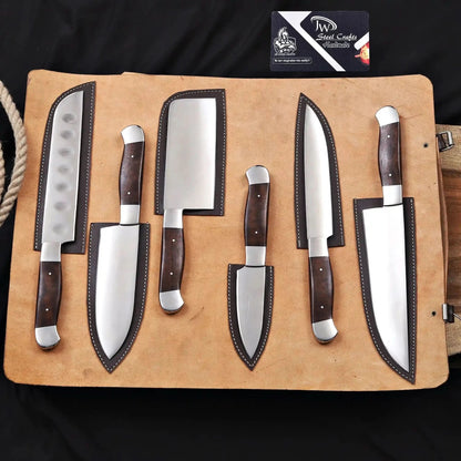 Handmade 6 Piece Chef Knife Set with Leather Roll – Full Tang Kitchen Knives Set with Cleaver, Chef, Santoku, Utility &amp; Paring