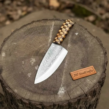Acid-Etched Chef Knife with Red Pakka Wood &amp; Checker Brown Wood Handle