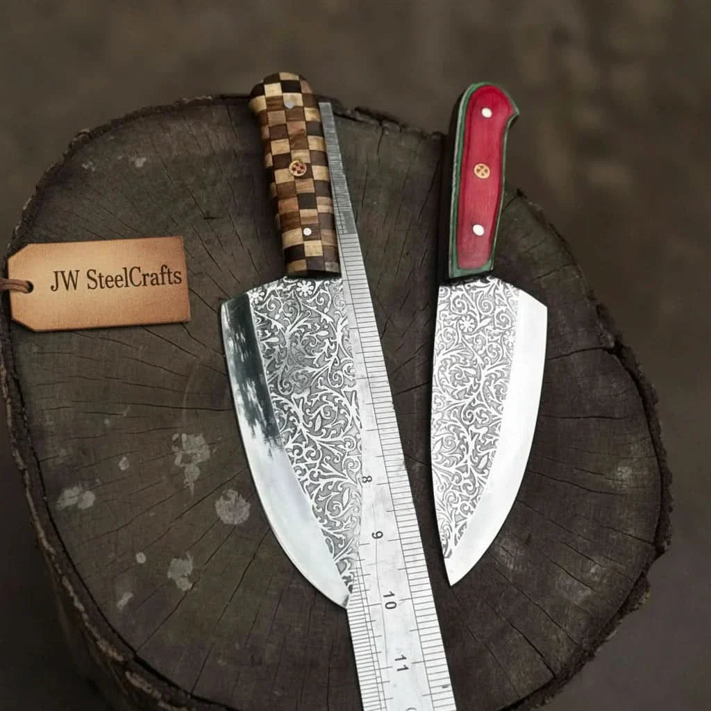 Acid-Etched Chef Knife with Red Pakka Wood &amp; Checker Brown Wood Handle