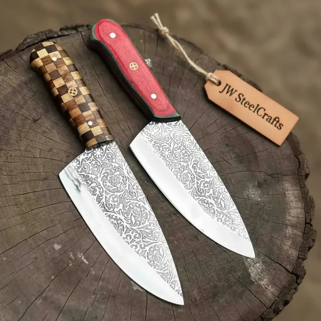 Acid-Etched Chef Knife with Red Pakka Wood &amp; Checker Brown Wood Handle