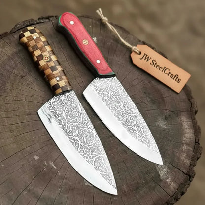 Acid-Etched Chef Knife with Red Pakka Wood &amp; Checker Brown Wood Handle