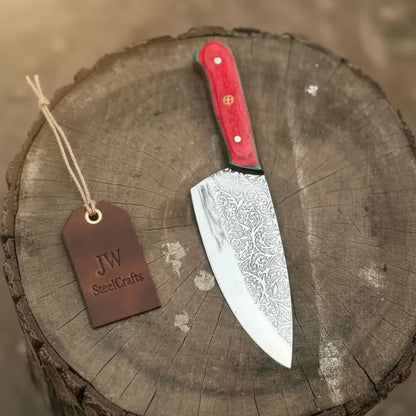 Acid-Etched Chef Knife with Red Pakka Wood &amp; Checker Brown Wood Handle
