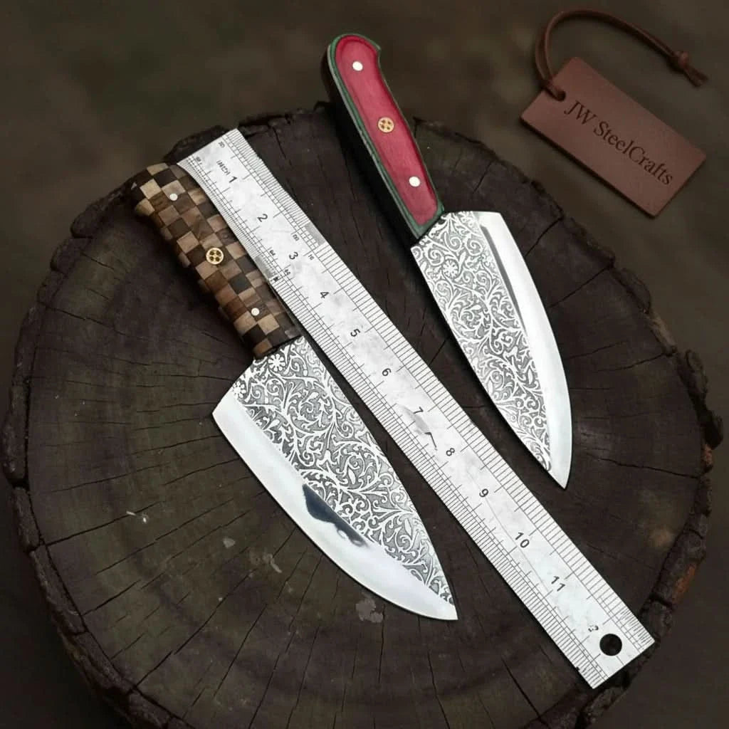 Acid-Etched Chef Knife with Red Pakka Wood &amp; Checker Brown Wood Handle