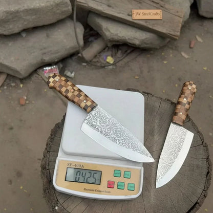 Acid-Etched Chef Knife with Red Pakka Wood &amp; Checker Brown Wood Handle