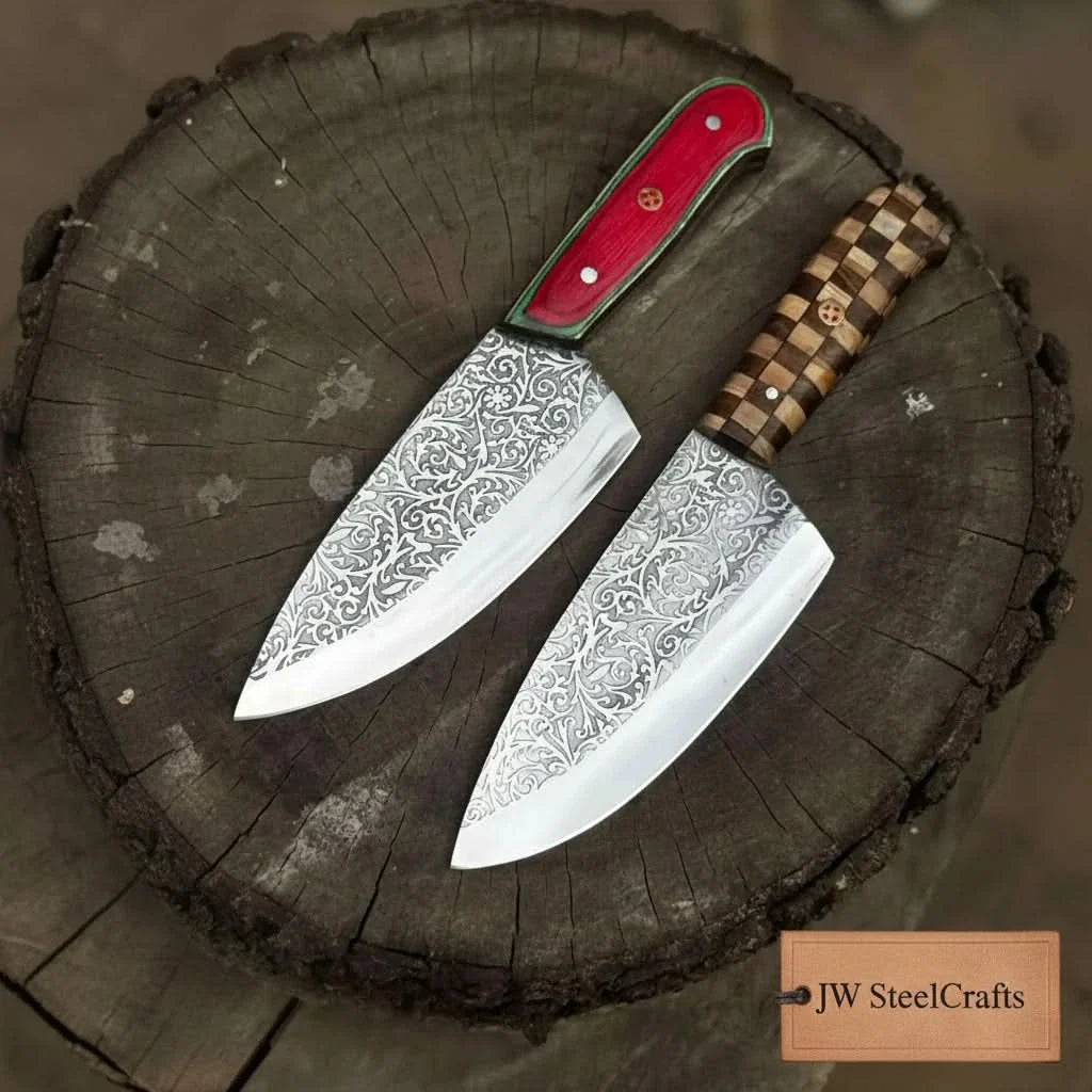 Acid-Etched Chef Knife with Red Pakka Wood &amp; Checker Brown Wood Handle
