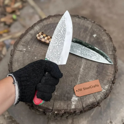 Acid-Etched Chef Knife with Red Pakka Wood &amp; Checker Brown Wood Handle