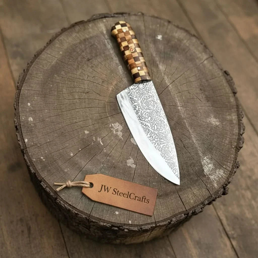 Acid-Etched Chef Knife with Red Pakka Wood &amp; Checker Brown Wood Handle