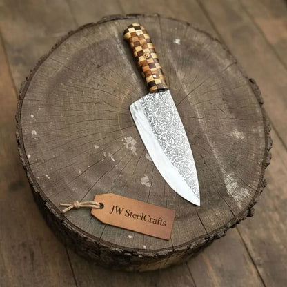Acid-Etched Chef Knife with Red Pakka Wood &amp; Checker Brown Wood Handle