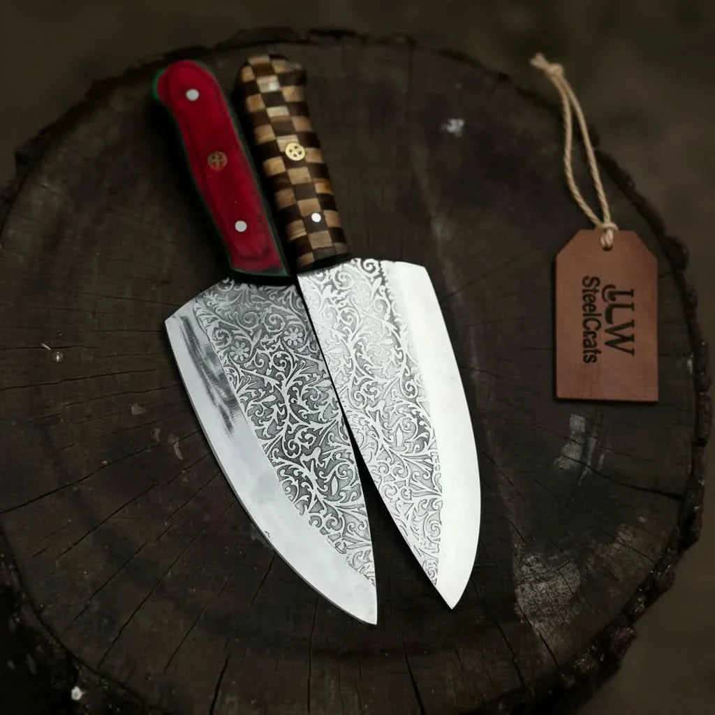 Acid-Etched Chef Knife with Red Pakka Wood &amp; Checker Brown Wood Handle