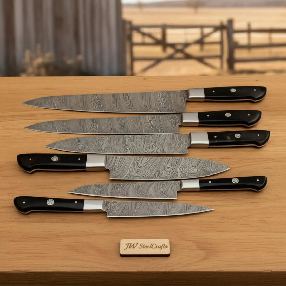 6-Piece Damascus Carving &amp; Chef Knife Set – Black Resin Handle Edition JW SteelCrafts